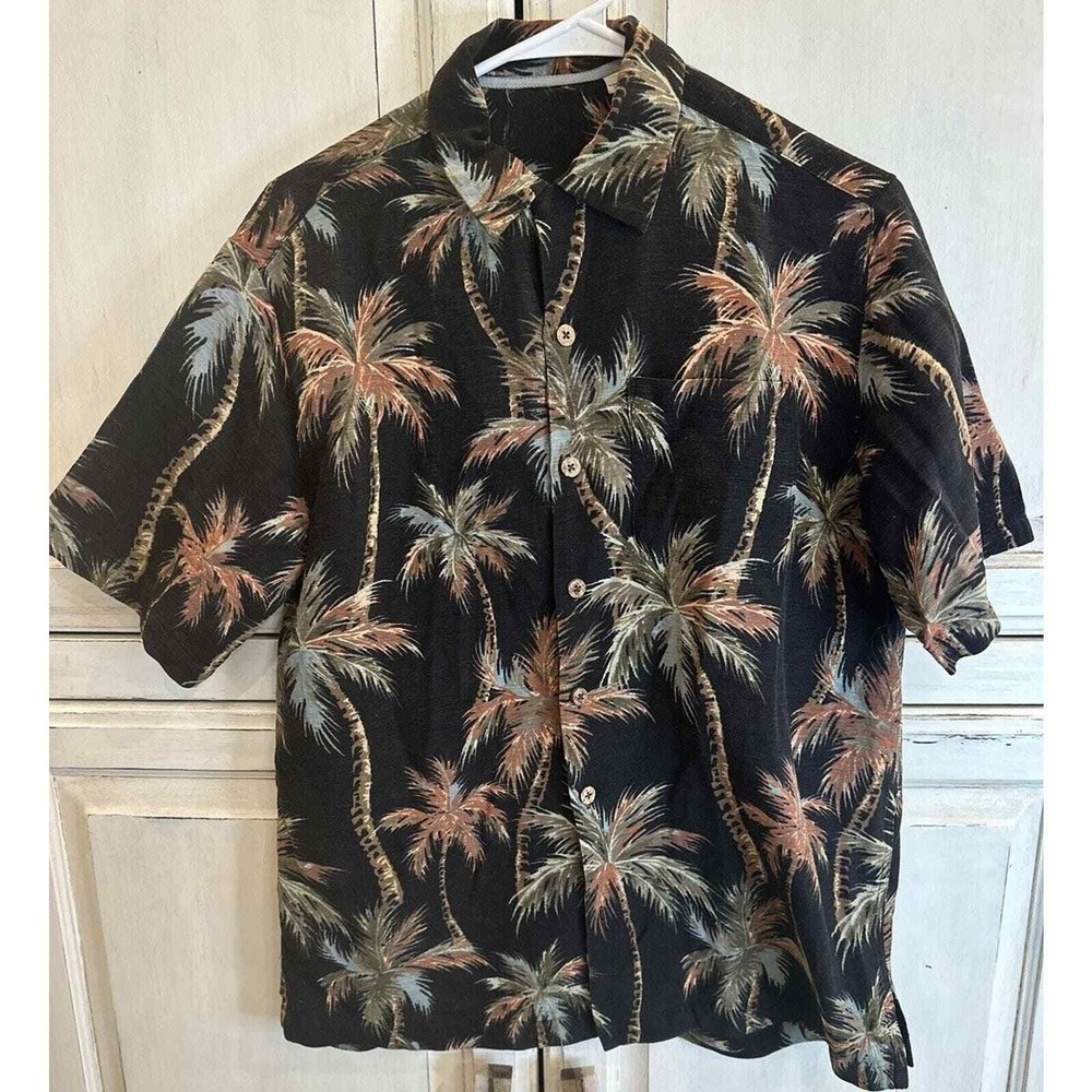 Caribbean Mens Vintage Black 100% Silk Palm Tree Short Sleeve Button Up Shirt S